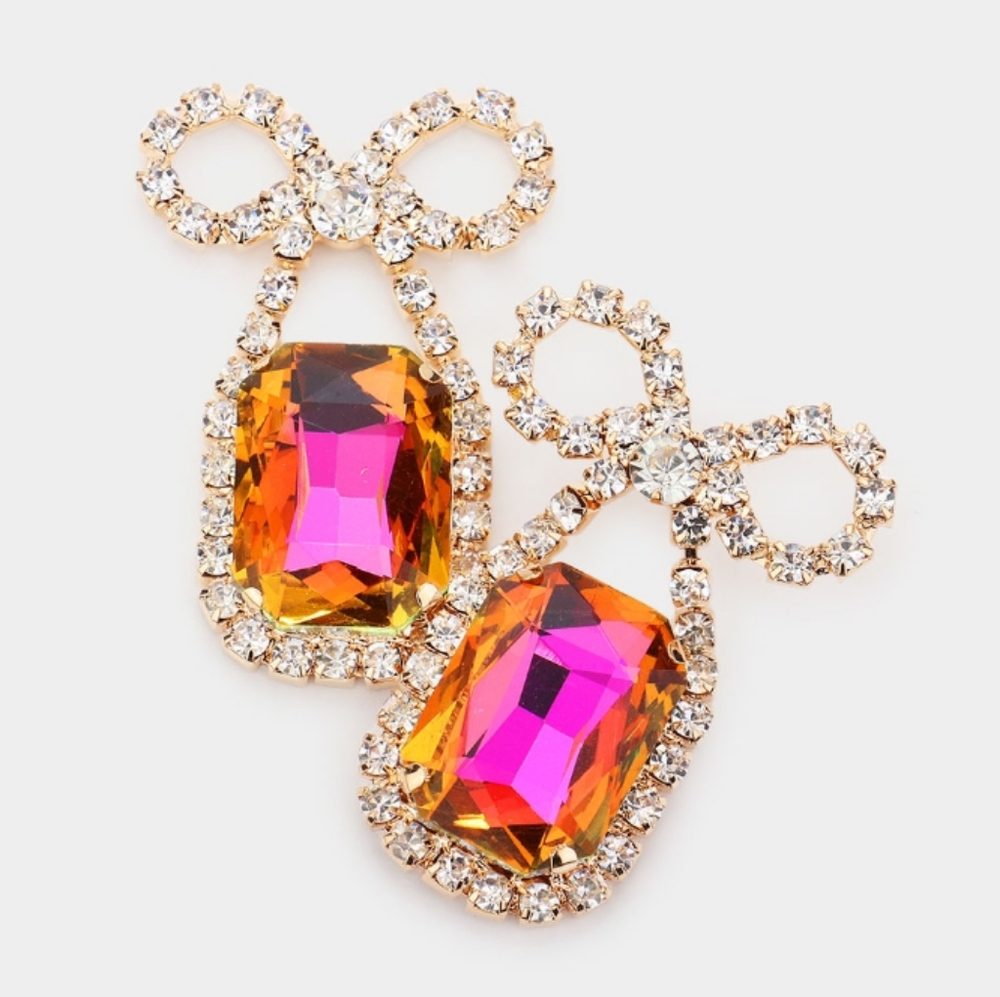 Rhinestone Bow Emerald Cut Stone Evening Earrings